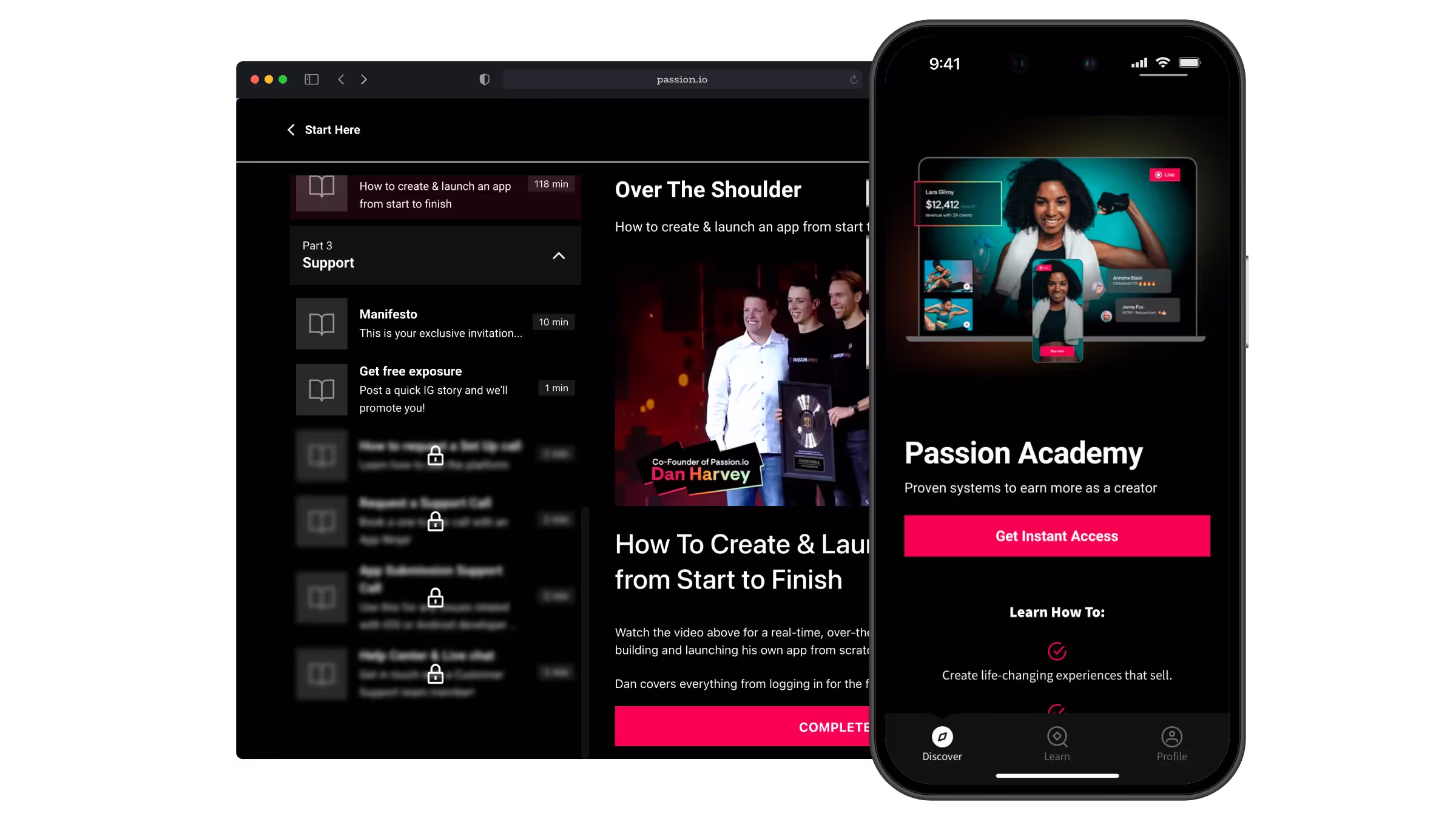 Passion Academy app on desktop browser and iphone
